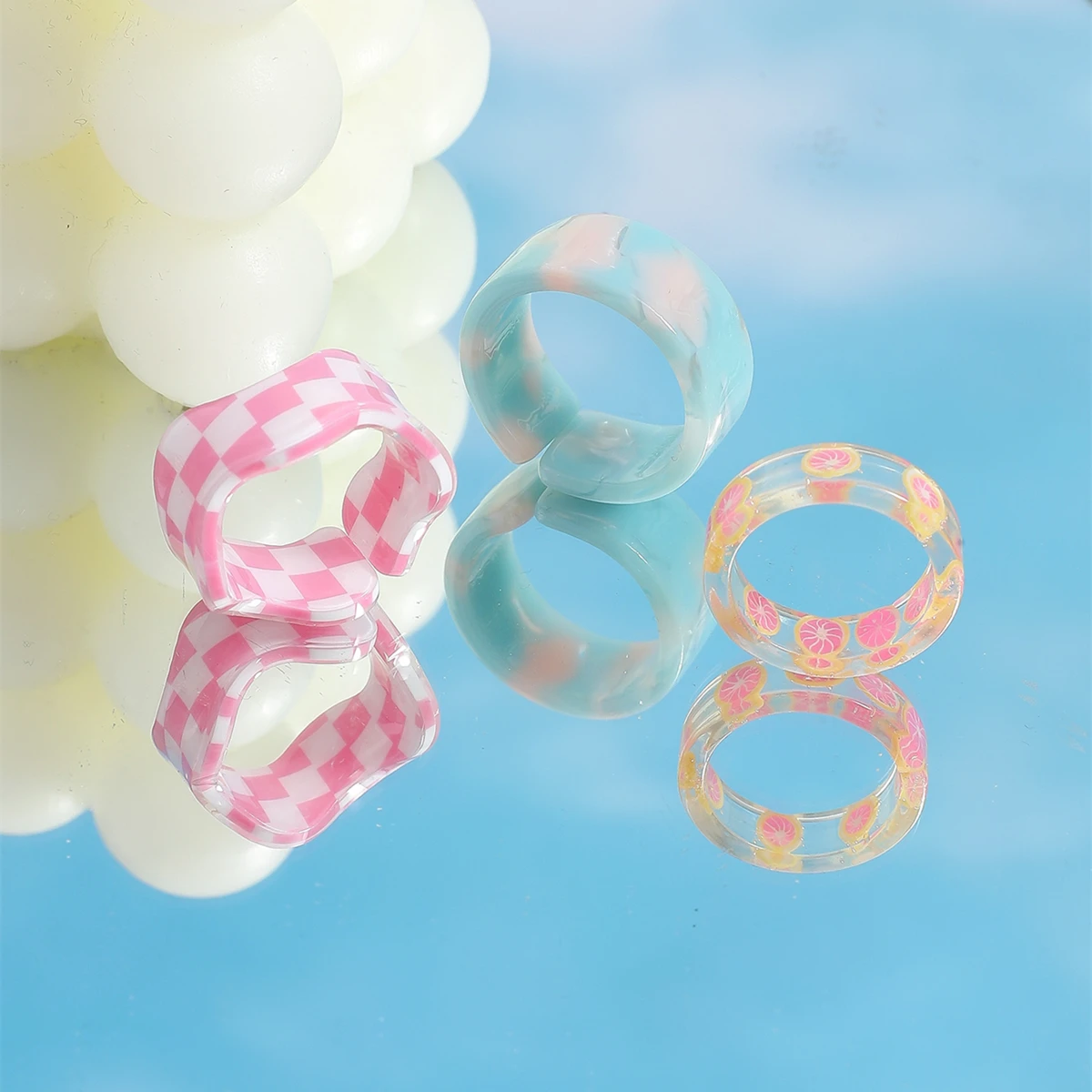Fashion Ins Style 2022 New Acrylic Checkerboard Rings Suit For Women ResinAcetate Open Rings Girl Birthday Party Jewelry Gift