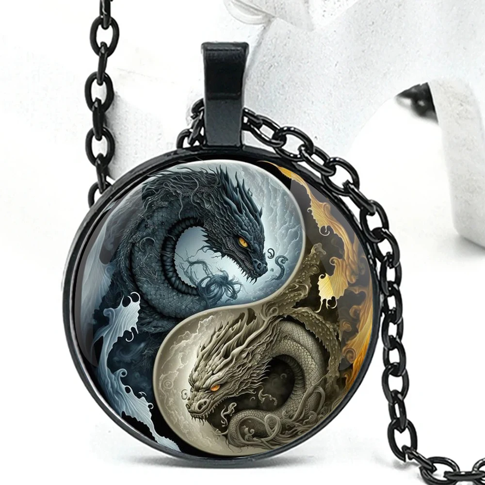 Ретро дизайн Инь и Ян Дракон стеклянный купол ручной работы цепочка Кулон