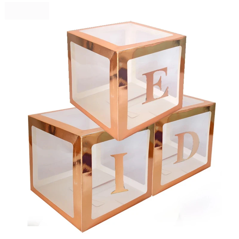 

3pcs EID Mubarak Transparent Rose Gold Balloon Gift Box with EID Letters Stickers Ramadan Kareem Decoration For Home Eid al-fitr