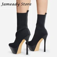 Women Large Size Sock Boots Stiletto Platform Ankle Boots High Heel Pointed Boots Lady Fashion Elastic Boots Walking Shoes Mujer