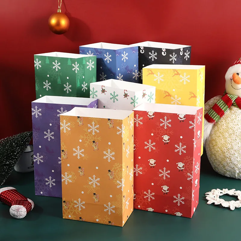 

10 шт. Рождественский Подарочный пакет с Санта-Клаусом, снеговиком, из крафтовой бумаги, мешочки для конфет, печенья, украшения для дня рожден...