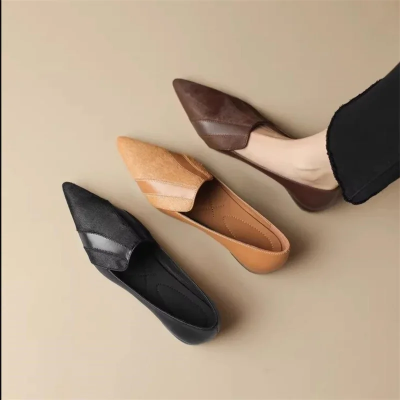 

Туфли женские на низком каблуке, мягкий мех, заостренный носок, глубокий вырез, английский стиль, Ретро стиль, мягкая кожа