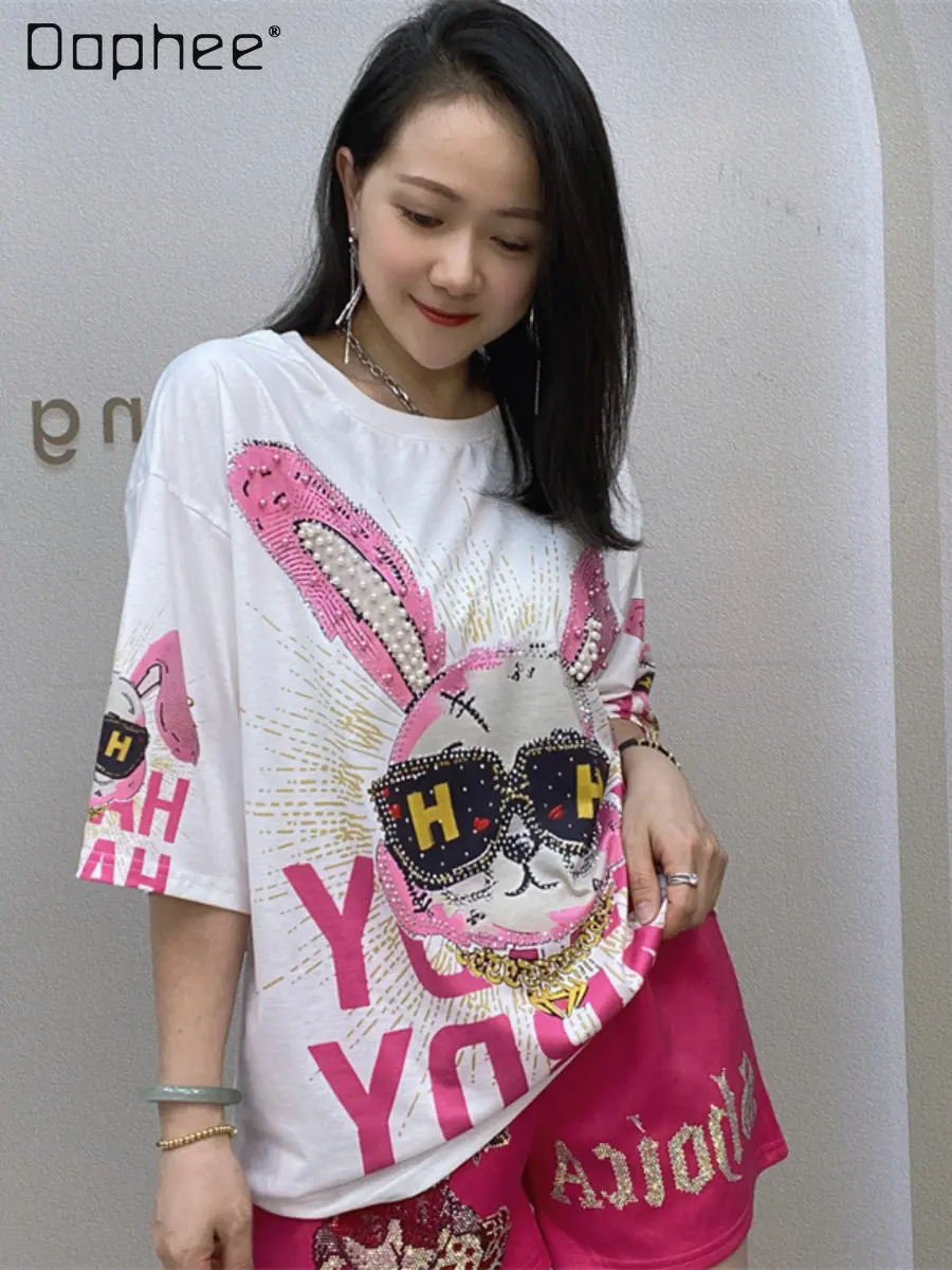 

Heavy Industry Cartoon Rabbit Rhinestone Short Sleeve Top Female 2023 Summer New Round Neck Beaded T-shirt Women Clothing