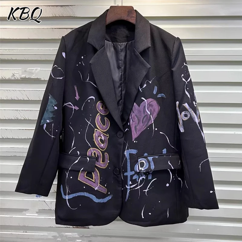 KBQ яркая цветовая печать фотография для женщин Зубчатый воротник длинный рукав