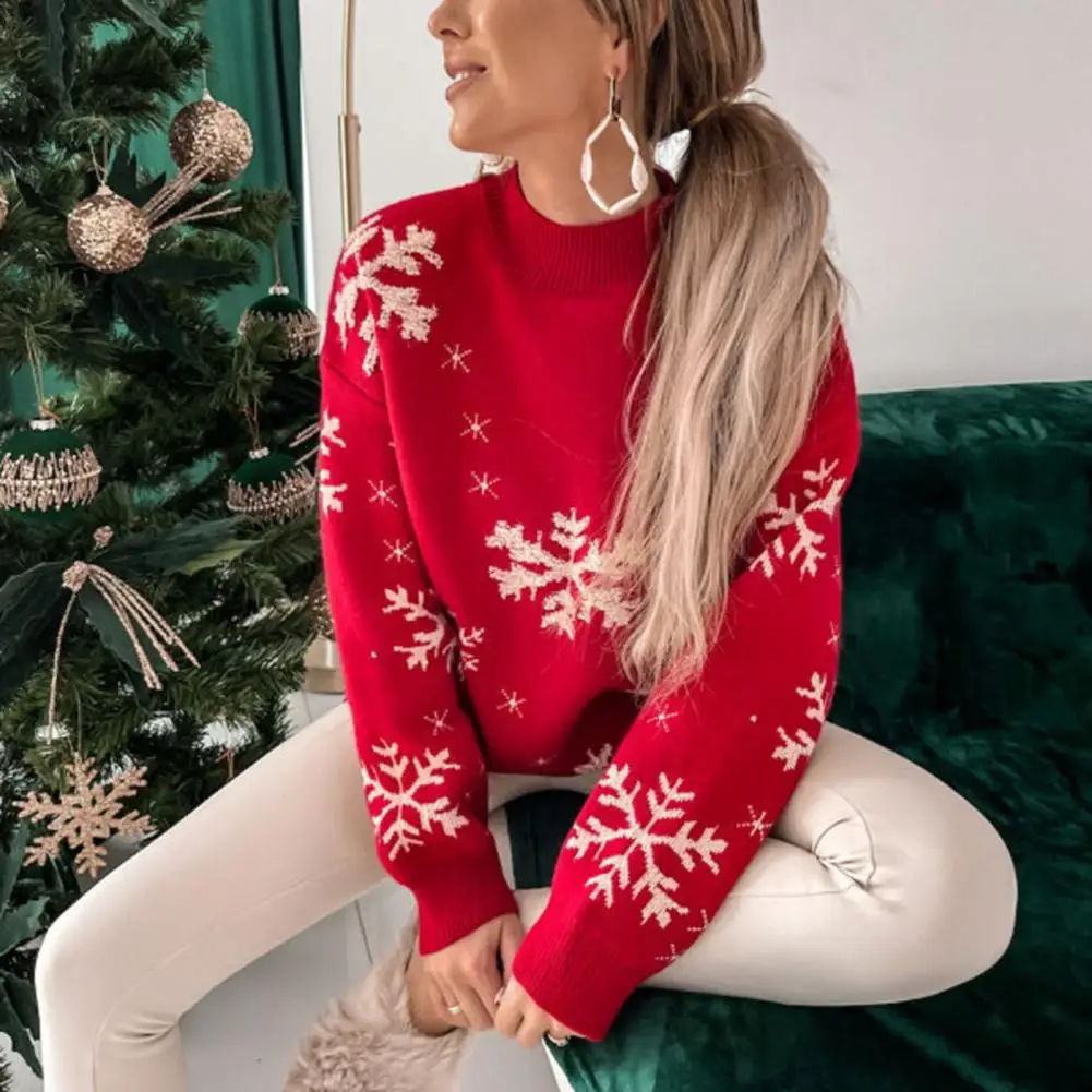 

Christmas Sweater Women Long Sleeve Half High Collar Ribbed Trim Jacquard Snowflake Print Pullover Knitwear Festival Clothing
