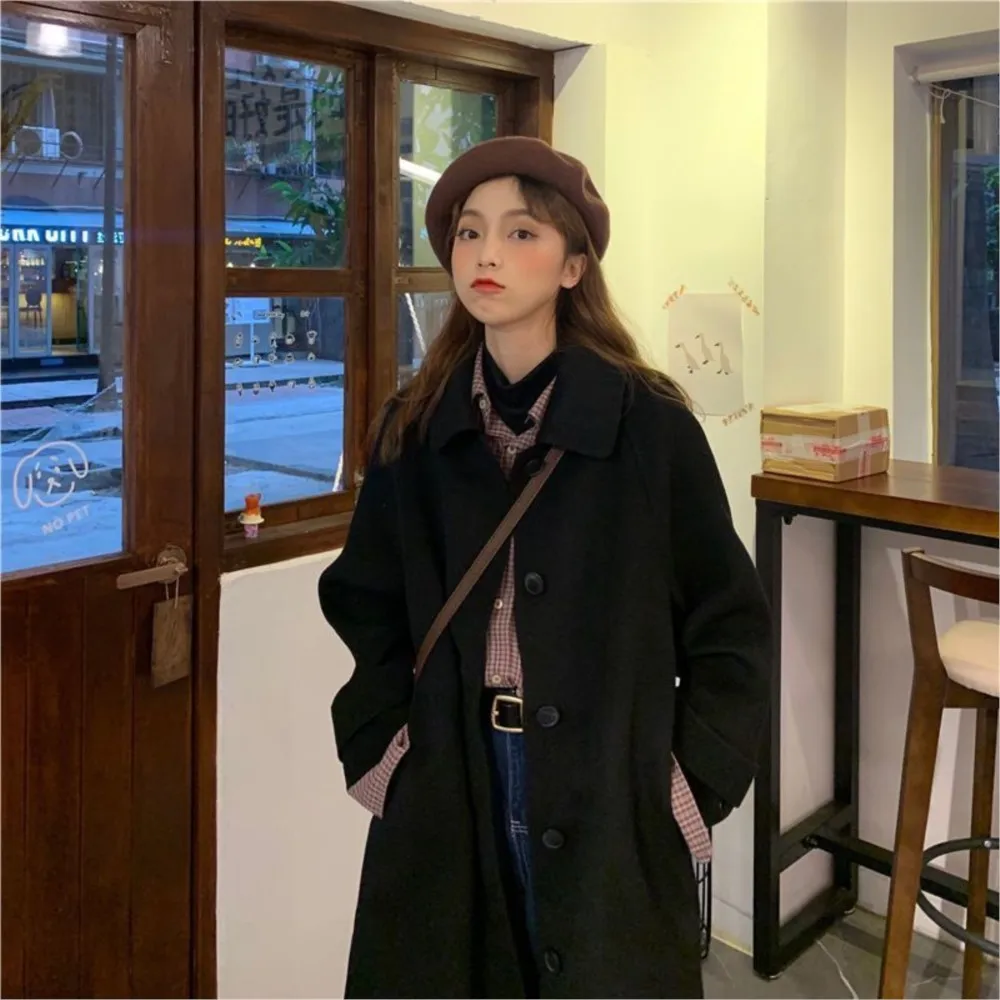 

Женское шерстяное пальто, черное корейское шерстяное пальто средней длины