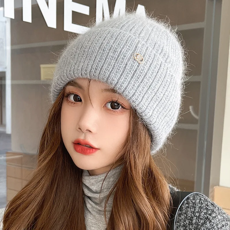 

2022 New Autumn Winter Fluffy Beanies Peas Angora Rabbit Fur Knitted Hat Female Shiny Warm Thickened Couple Woolen Soft Hat