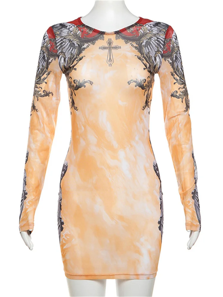 Simenual 90-х годов прозрачное мини-платье с длинными рукавами и цифровым принтом в