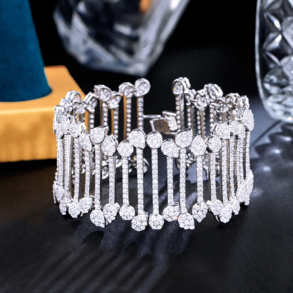 

CWWZircons Expensive Super Luxury Full Cubic Zirconia Micro Pave Large Wide Bracelet for Women Wedding Event Bridal Party CB321