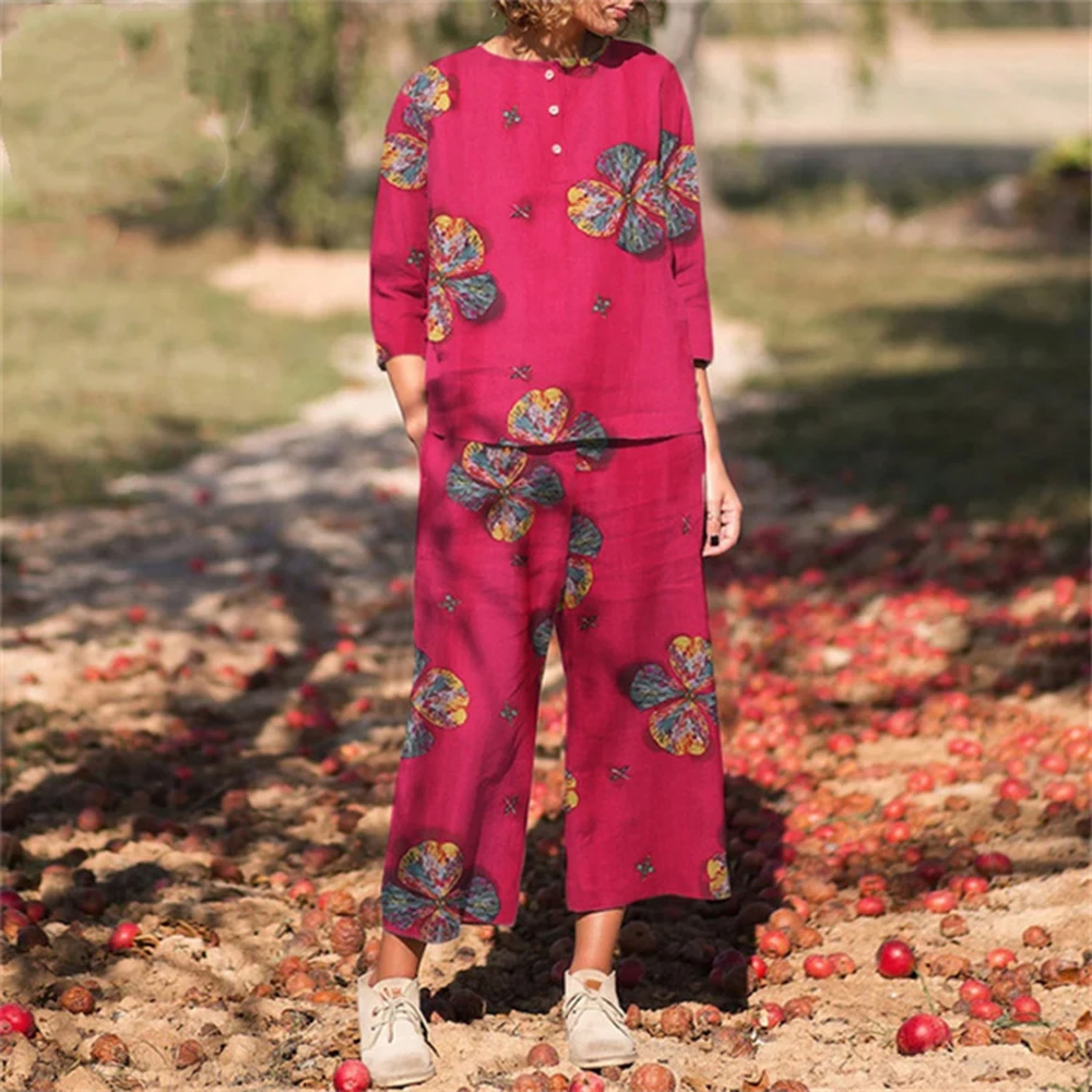 

Summer Stylish Casual Women Top +Pants Suits Printing O Neck Loose Blouse Elastic Waist Long Pantalon Set Female Spring Autumn