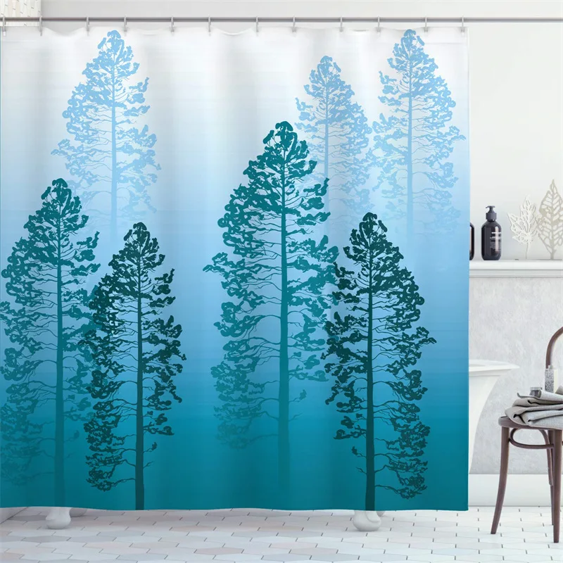 

Pine Trees Fabric Shower Curtain Set Mildewproof Blue Shower Curtain Liner Waterproof Polyester Bathroom Decorative Bath Curtain