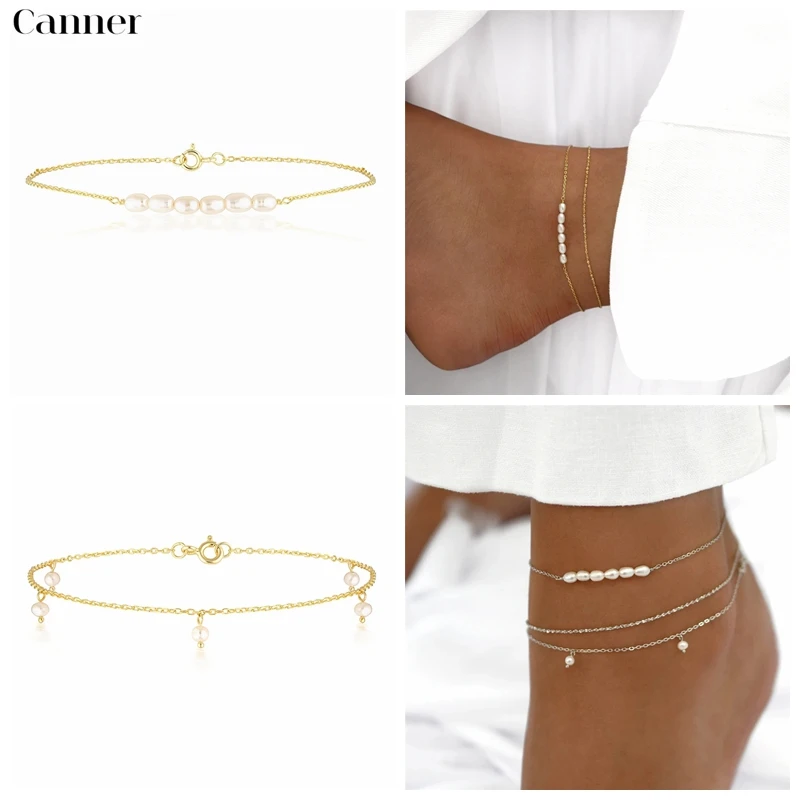 

CANNER Fashion Pearl Anklets 18k Silver Plated Anklet For Women Wholesale Women Foot Chain Fine Jewelry 2021 Trend Summer Gift