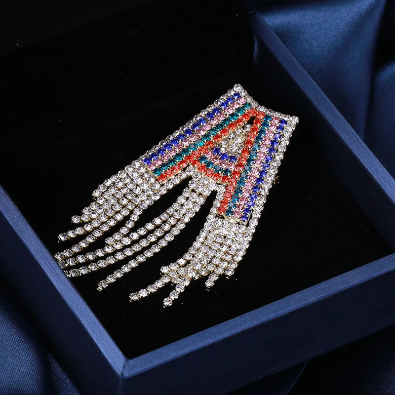 

Grandbling Handmade Big A Rainbow Color Full Rhinestone Letter Brooch Tassel Lapel Pin for Cloth Decoration