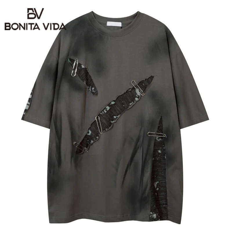 

Футболка мужская оверсайз в стиле хип-хоп, хлопок, рваная, с принтом граффити, вареная уличная одежда, Свободный Повседневный Топ, лето 2022