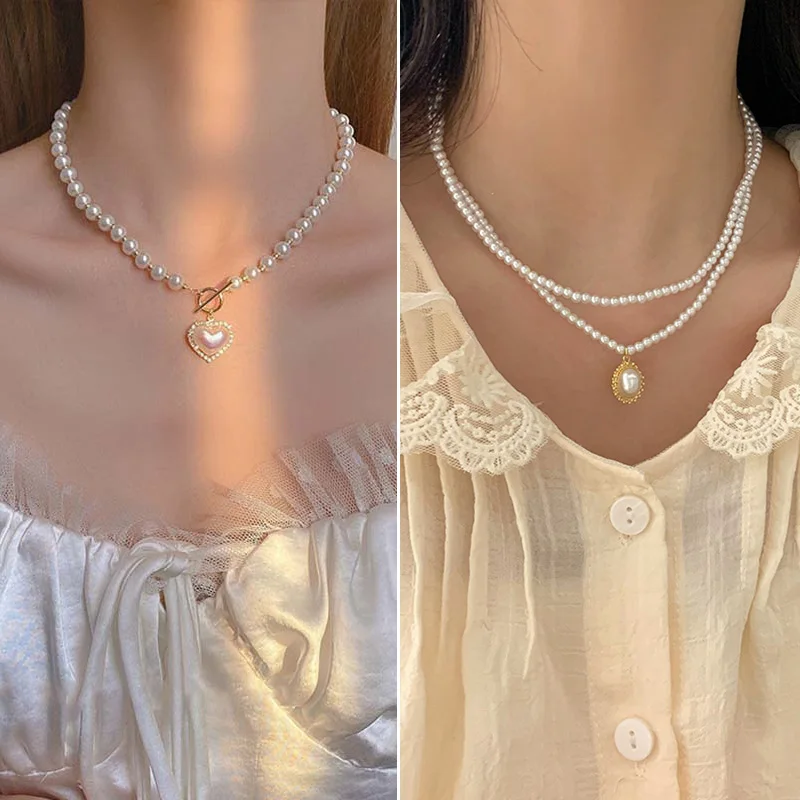 

Sweet Elegant Collarbone Chain Crystal Heart Pendant Necklace Imitation Pearl Bead Necklace Wedding Party Jewelry INS Handmade