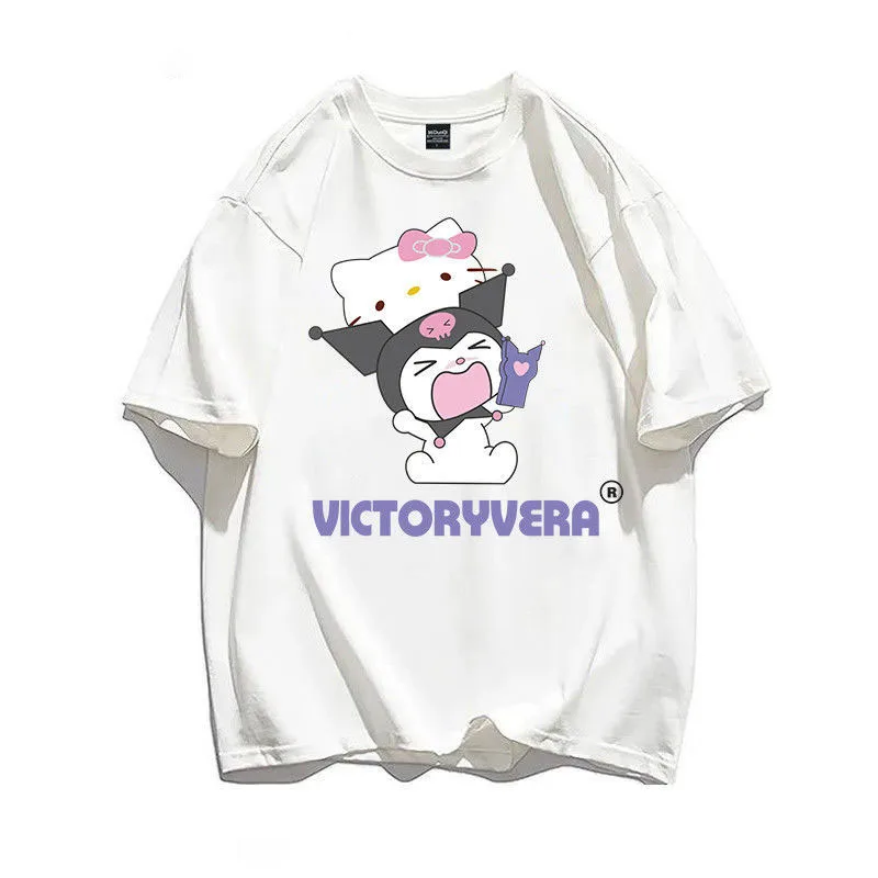 

Cute Cartoon Sanrio Kuromi Cotton Kt Cat Print Short-Sleeved T-Shirt Summer All-Match Loose Sweet College Style Shirt Gift Toys