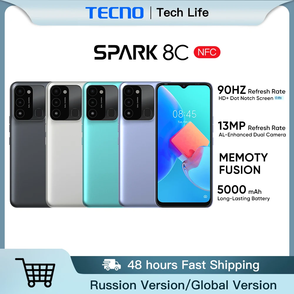 Оригинальный смартфон Tecno SPARK 8C международной версии для России 4 + 64 ГБ телефоны