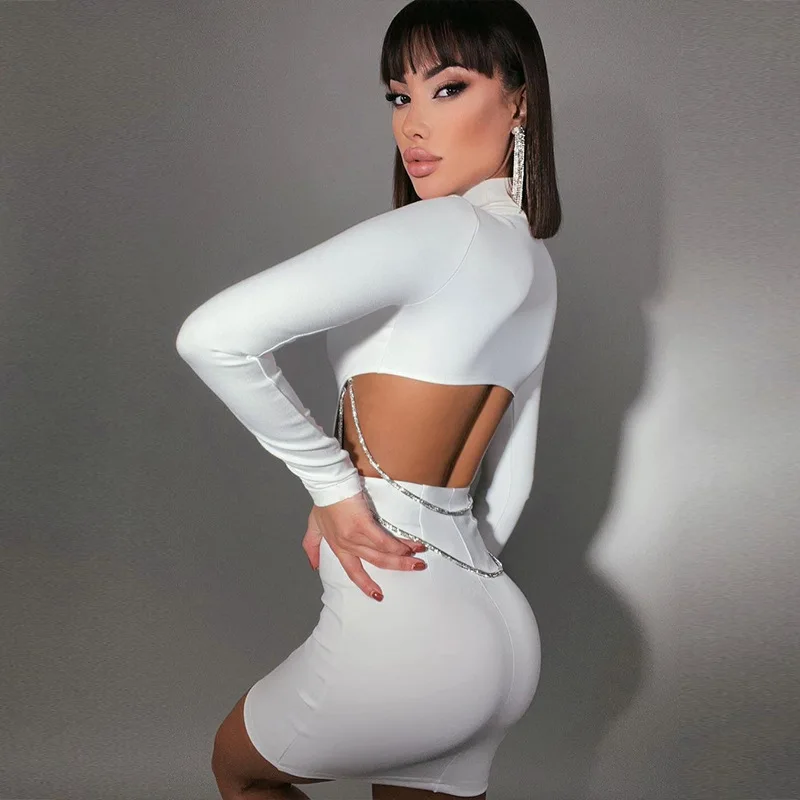 Chain Sexy Backless Cut Slim Dress Women'S Club Party Elegant Long Sleeve Mini Dress