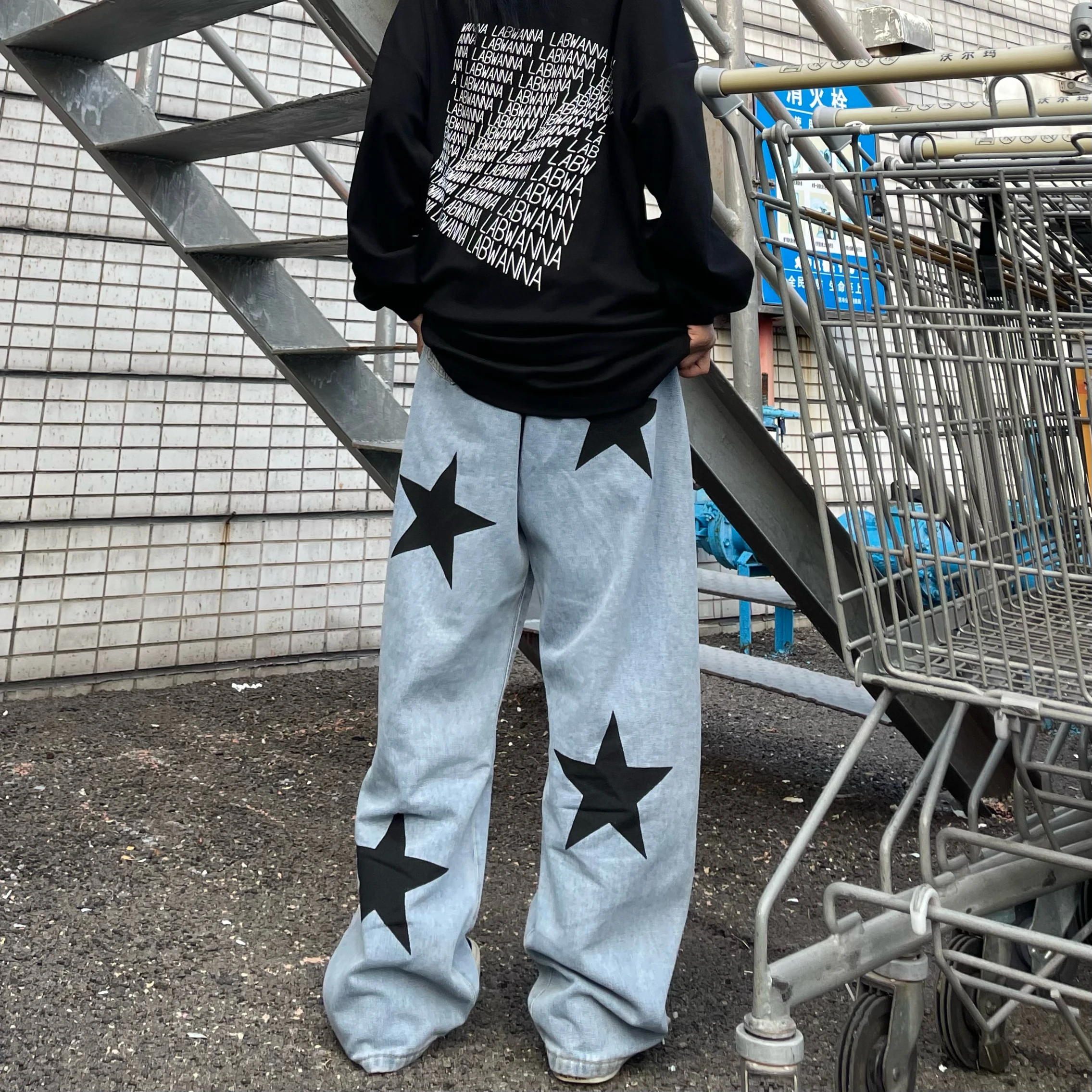 Black Stars Printed Jeans Men's 2023 Fashion Design Casual Loose Straight Pants Male Clothing