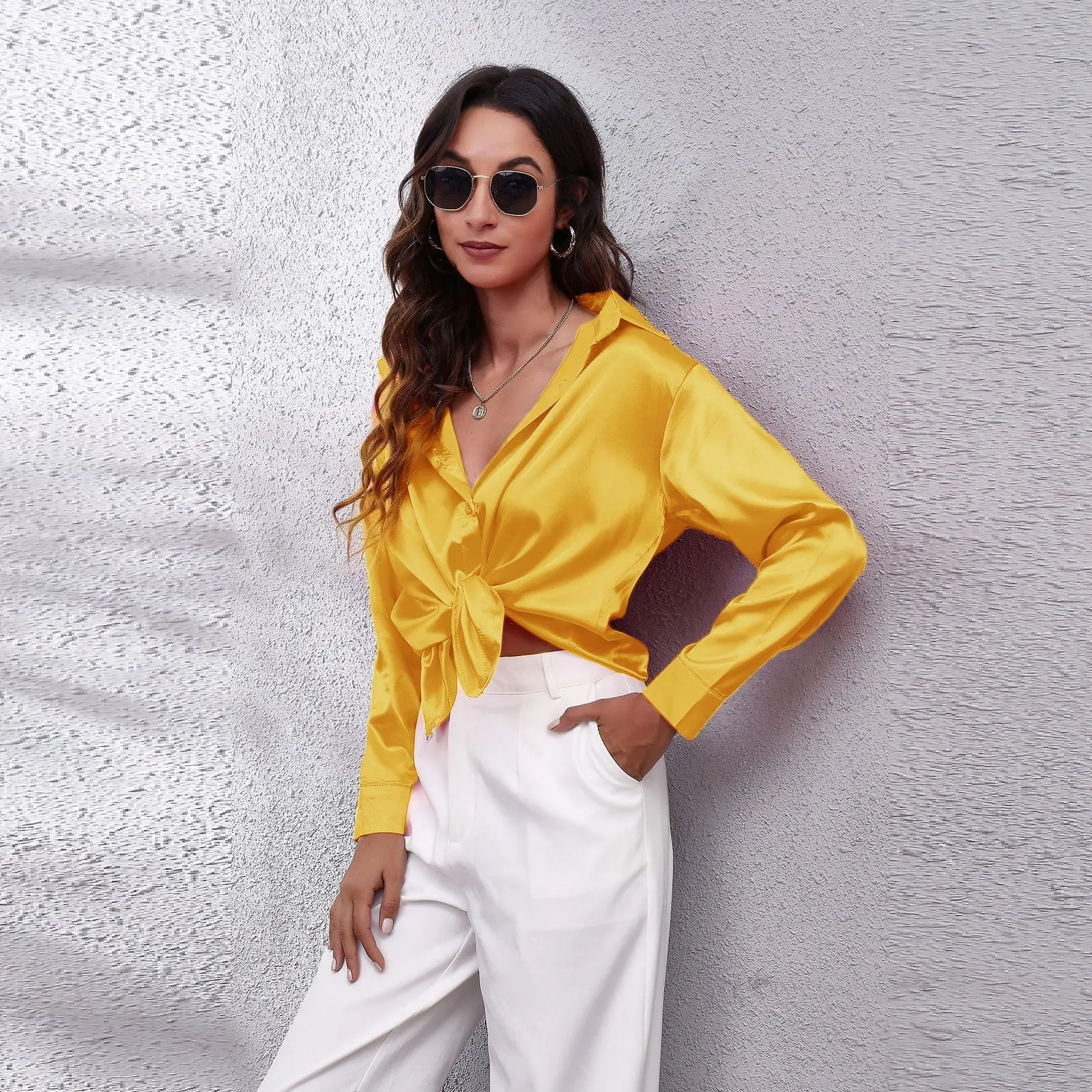 

Satin Women's Shirt Long Sleeve Solid Color Single-breasted Button Lapel Shirt Inner Wear Professional Outerwear Fashion Tops