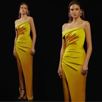 long yellow satin evening dresses with slit %d9%81%d8%b3%d8%a7%d8%aa%d9%8a%d9%86 %d8%a7%d9%84%d8%b3%d9%87%d8%b1%d8%a9 mermaid pleated one shoulder prom dress robe de soir%c3%a9e for women