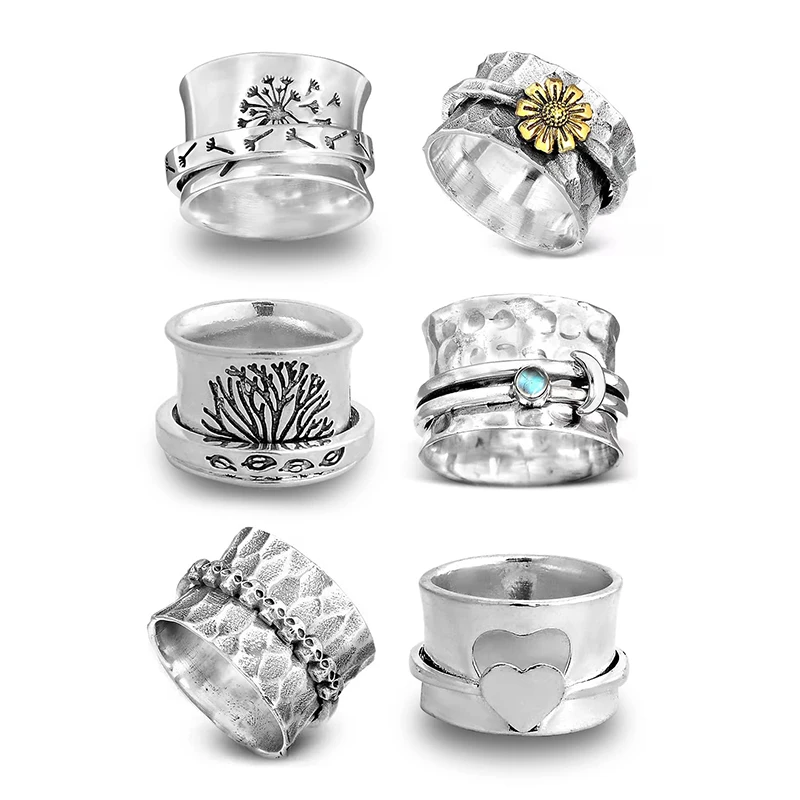 

Dandelion Spinner Rings, Vintage Engraved Anxiety Rings, Goth Chunky Band Fidget Ring Boho Style of Tree of Life for Women Girl