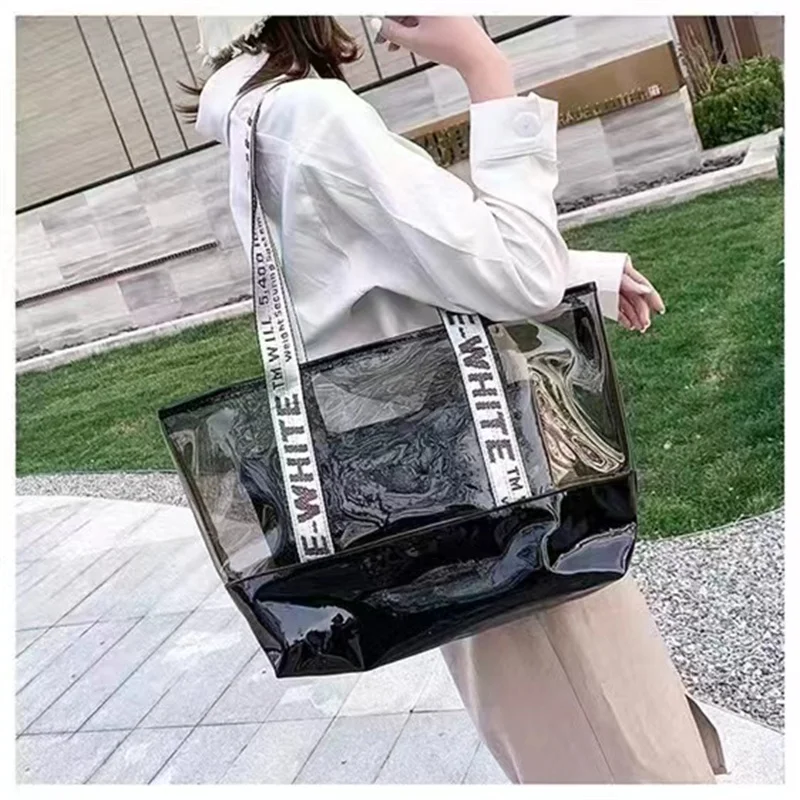 Women Canvas Shoulder Bag Off Ladies Casual Handbag Tote Bag Reusable Large Capacity Cotton Shopping Beach Black And White Bag