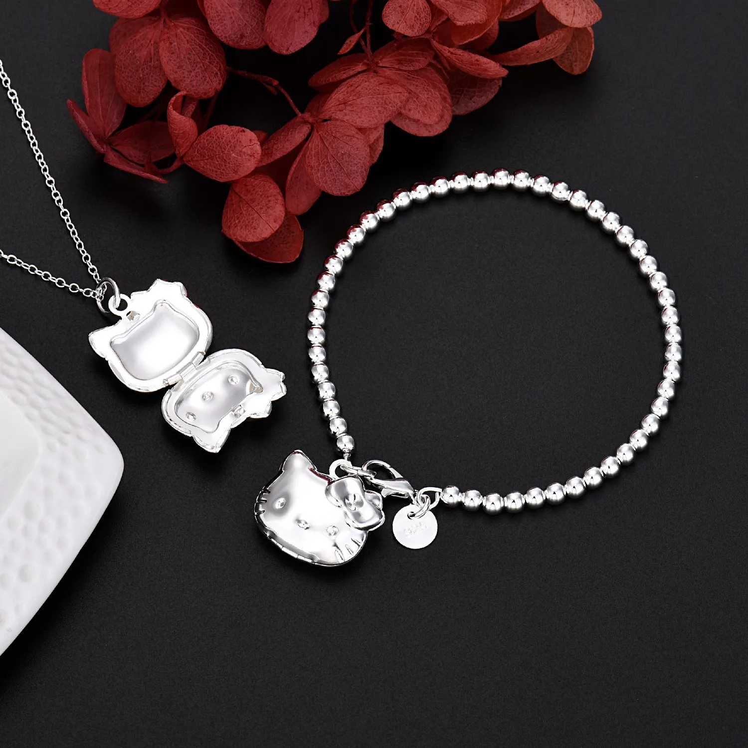 

New 925 Stamped silver romantic Cute Cat necklace bracelet for Women Street Versatile Jewelry set fashion Party Wedding Gifts
