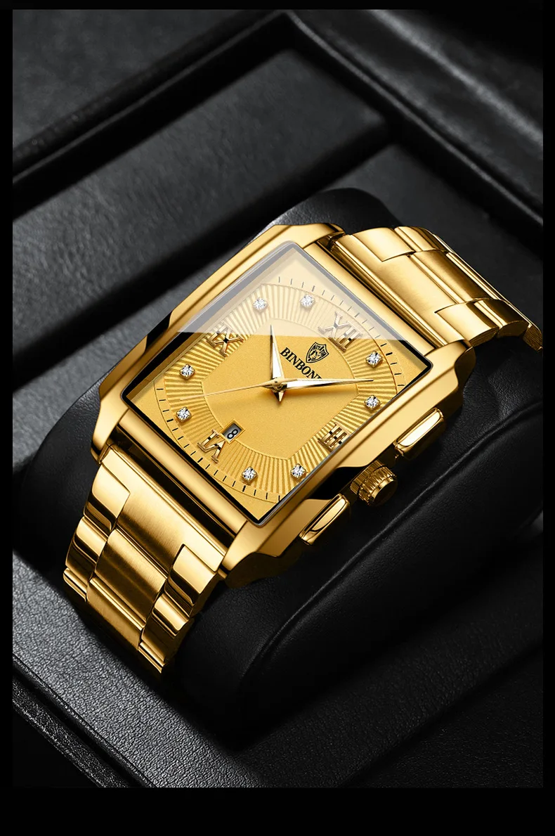 

BINBONDLuxury Gold Watch Men Square Japan Quartz stainless steel Waterproof Sports Automatic Date Wrist Watches Relogio Masculio