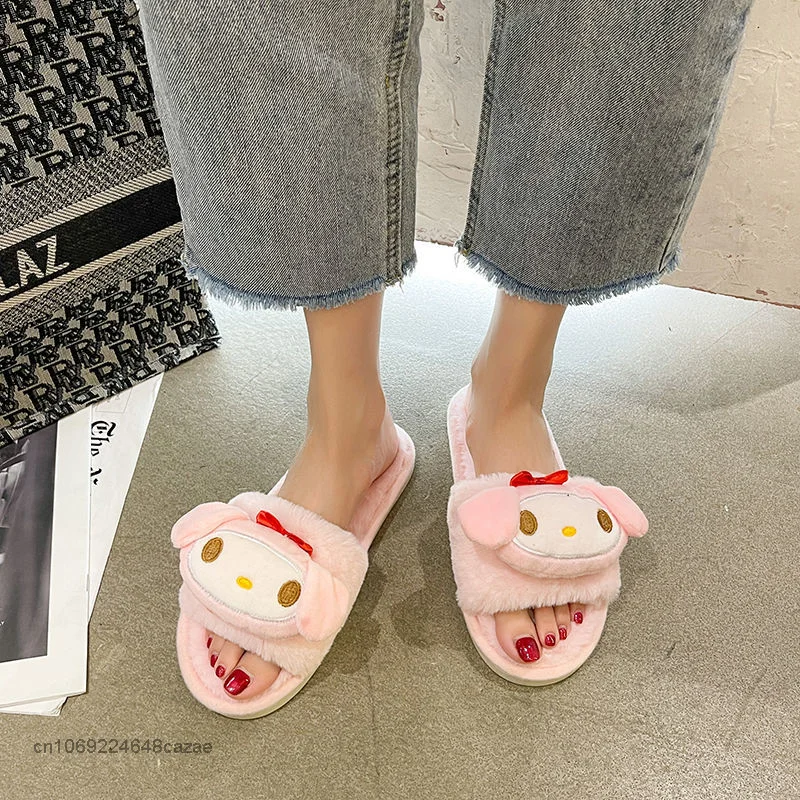 Sanrio Kuromi My Melody Pom Pom Purin Cinnamoroll Cute Slippers Korean Version Fur Slippers Home Comfortable Cotton Shoes Women