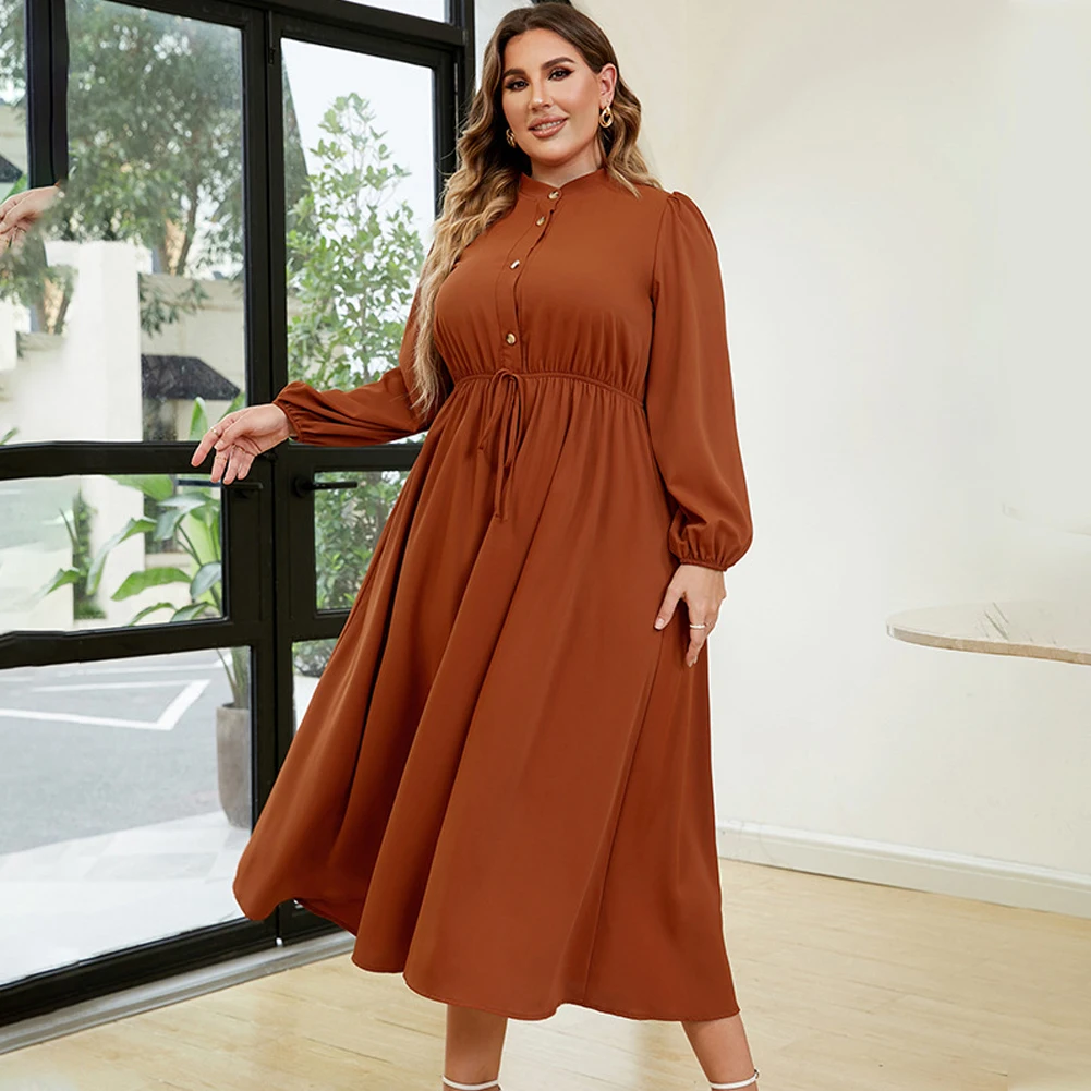 

New Style XL~4XL Plus Size Solid Button A-Line Dress Women Spring Fall Lantern Long Sleeve Ladies Elegant Dresses