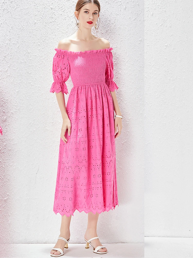 

Korean Retro One-Neck Elegant Dress Women With Lace And Waistline Slim Sexy Long Dress 2022 Summer Fashion Women'S Clothing