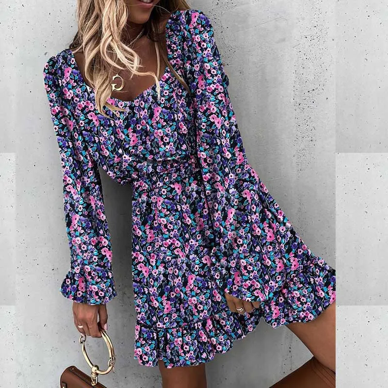 

European and American Pastoral Style Autumn Women's Large Size Slimming Waist Sexy Backless Floral Skirt Ruffled Long Sleeve Dre