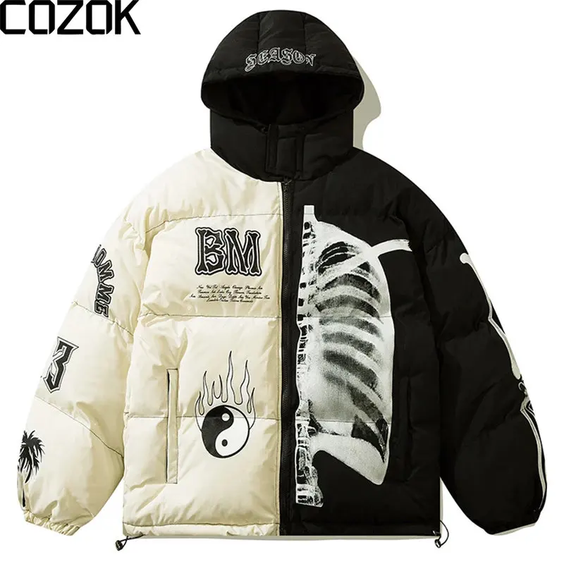 Winter Hooded Parka Jacket Men Patchwork Yin Yang Skeleton Print Thicken Warm Padded Coats Harajuku Fashion Outwear Unisex 2022