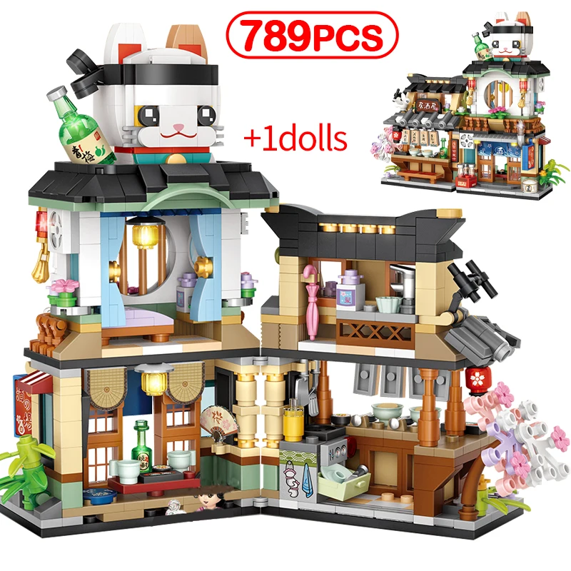 

789PCS Mini City Street View Izakaya Architecture Building Blocks Friends Fish Shop House Figures Bricks Toys For Children Gifts