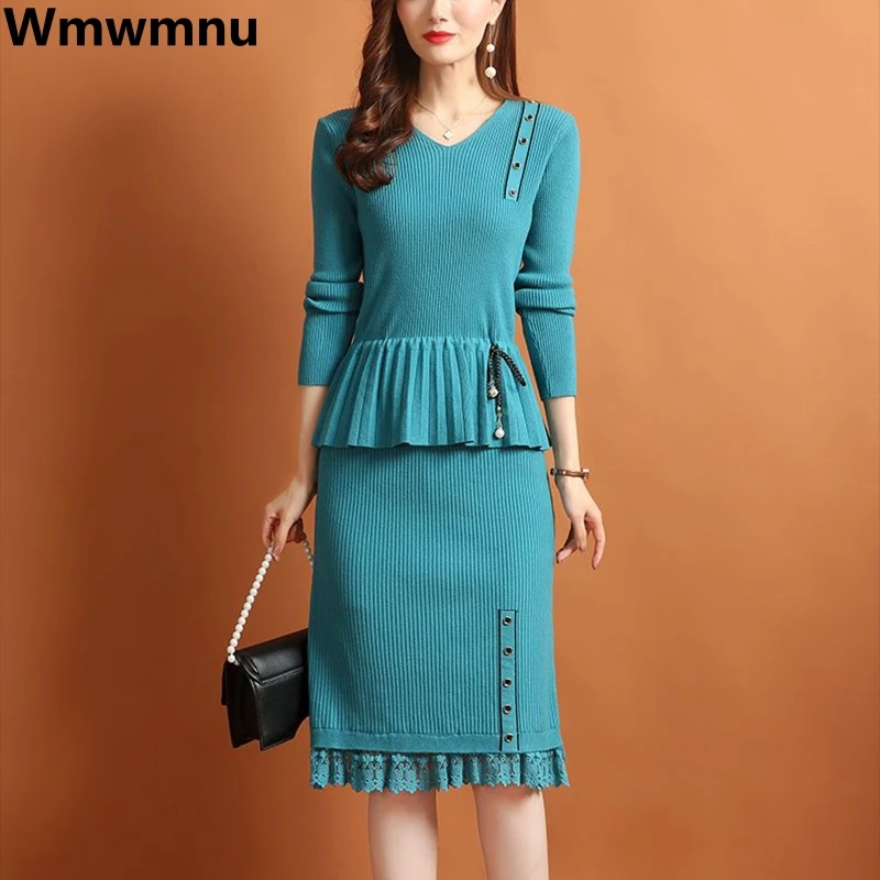 

Elegant Knitted Skirt 2 Piece Set V-neck Long Sleeve Tops + Fall Knee-length Faldas Ensembles Slim Knitwears Skirts Conjuntos