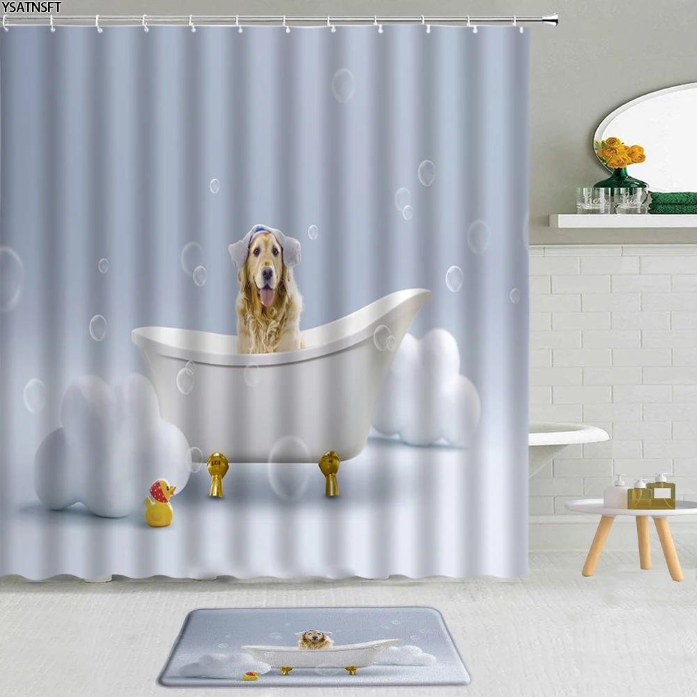 2pcs/Set Dog Bath Funny Animal Shower Curtains Bath Mat Set Bathroom Curtain Cloth Anti-slip Mat Toilet Bathroom Home Decor Rugs