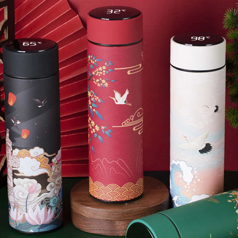 

Термокружка в китайском стиле, термос для воды, иллюстрация, вакуумная фляжка из нержавеющей стали, чашка для воды с отображением температу...