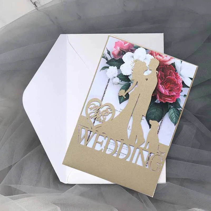 

10pcs Romantic Wedding Invitations Bride & Groom Invitation Card Greeting Card Gift Card with Envelope Customization for Party