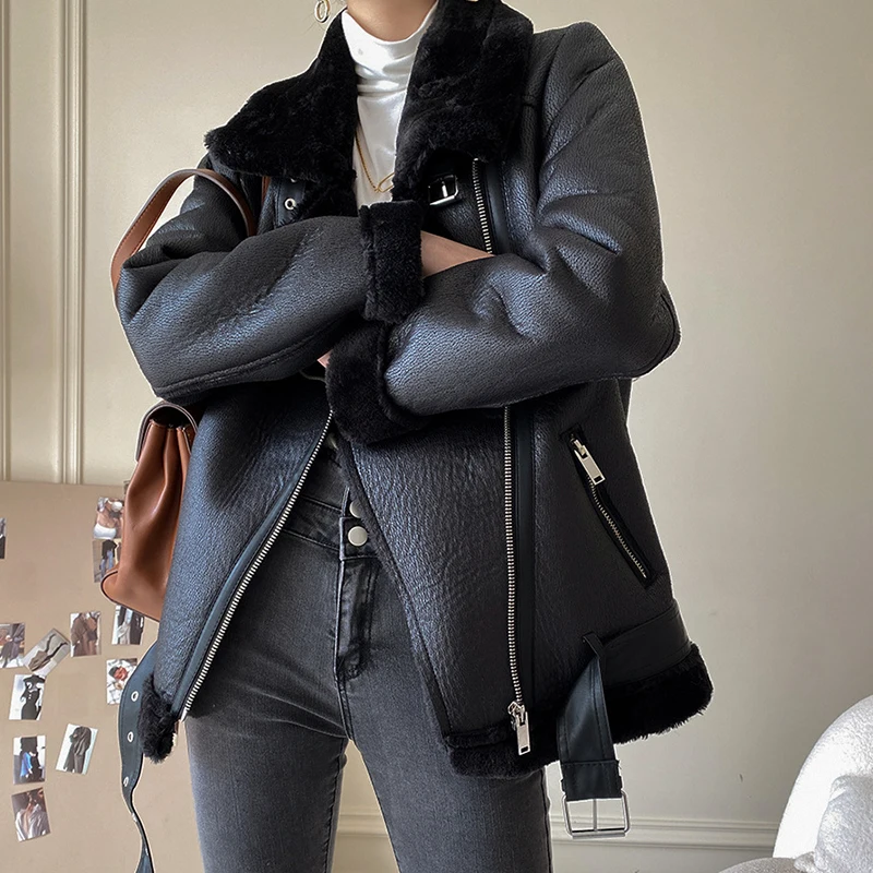 Ailegogo Winter Women Thick Warm Faux Leather Fur Jacket with Belt Streetwear Female Moto Biker Loose Coat Sheepskin Outwear