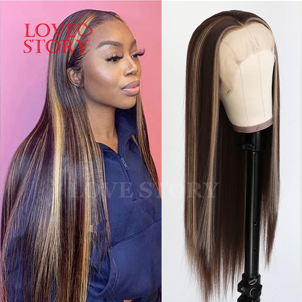 

Парик Lovestory на сетке, длинный прямой синтетический парик на сетке спереди для модных женщин, коричневый смешанный светлый парик на сетке спереди