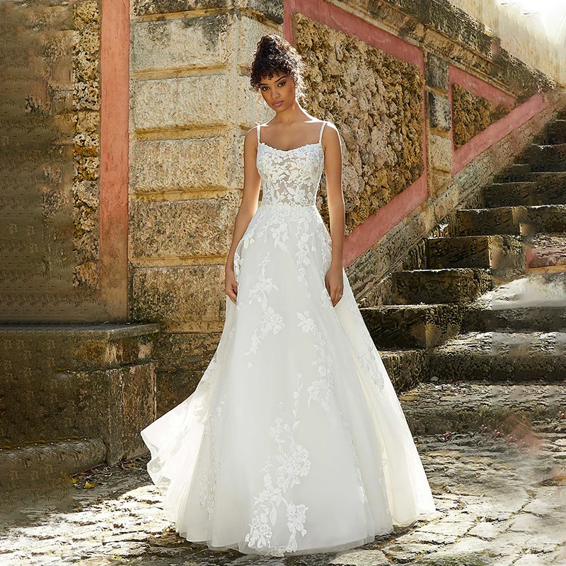 

Romantic Lace Spaghetti Straps Lace Appliques A-line Wedding Dresses Tulle Bridal Gown Long Tail Customize Made