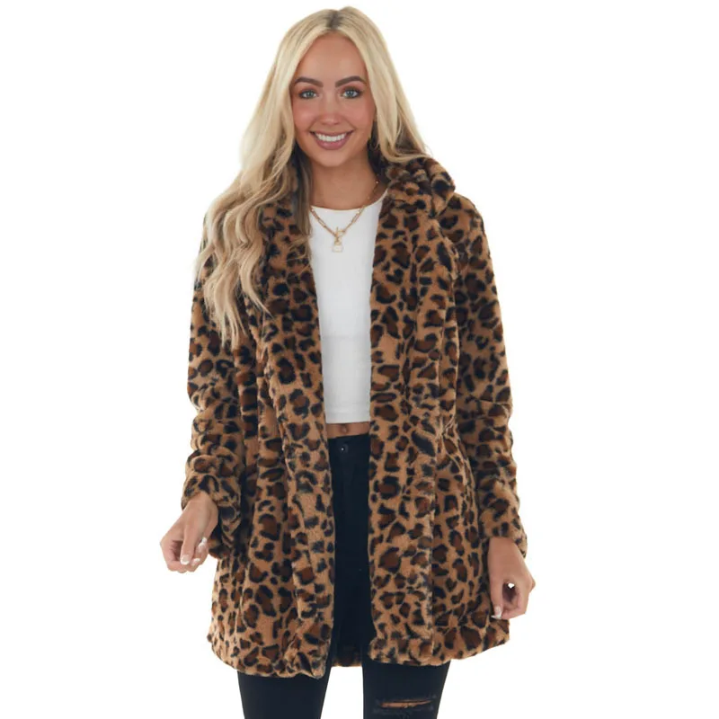 

2023 Autumn/Winter Leopard Print Women's Fashion and Temperament Imitation Fur Pocket Loose Fur Coat