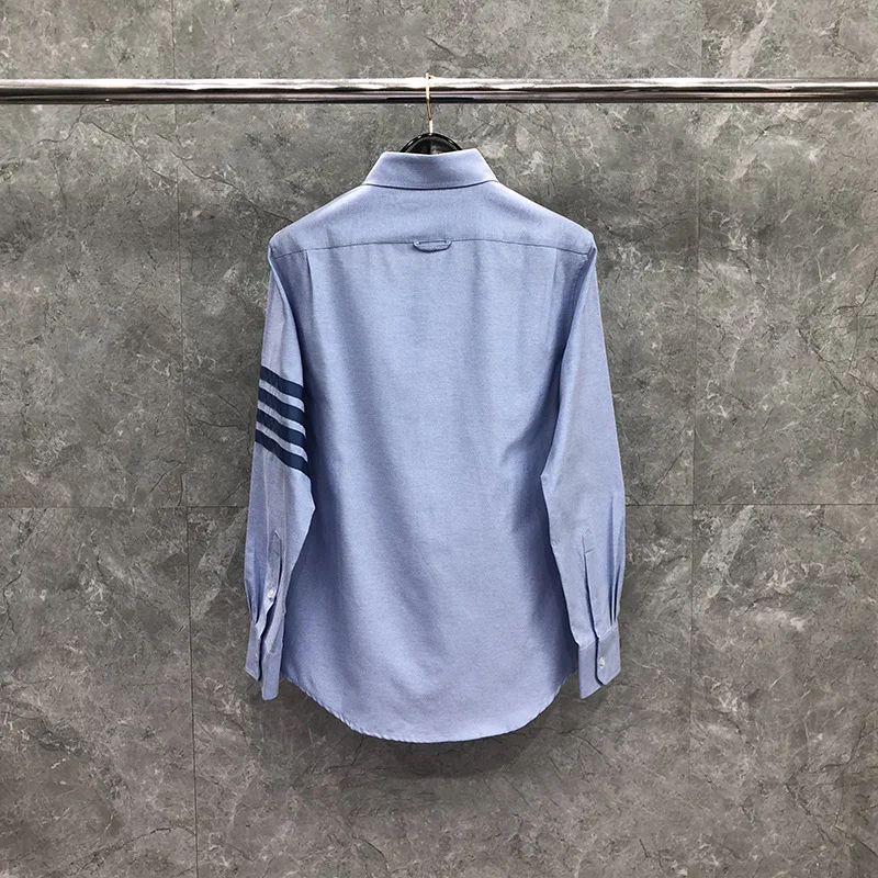TB Man Shirt Fashion Shirt Single-sleeved Oxford Blue Casual Business Slim-fit Lapel Single-breasted Shirt College Student Dress