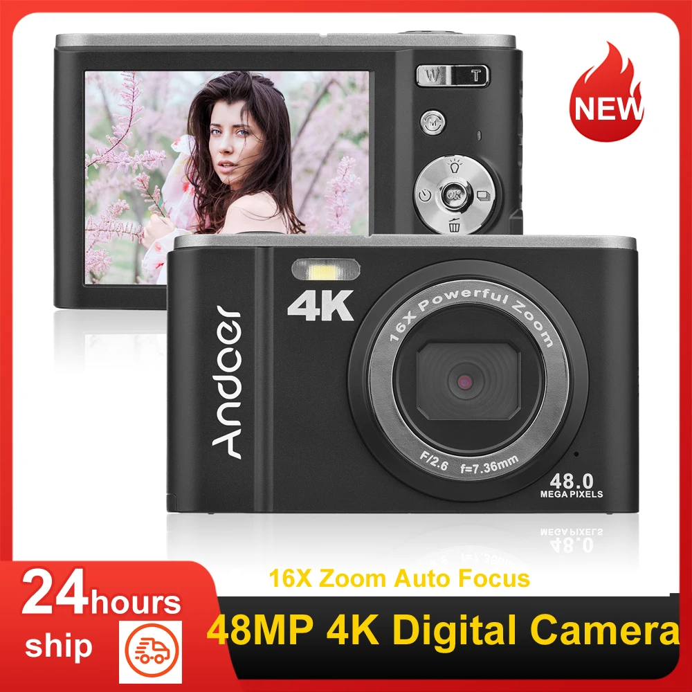 

Andoer цифровая камера 48MP 4K 2,8-дюймовый IPS экран 16X Автофокус Автоспуск Обнаружение лица анти-тряска с 2 батареями