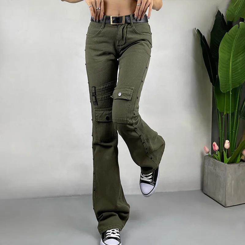 

2022 Spring Women Vintage Casual Army Green Low Waist Flare Pants Female Solid Fashion Pockets Jogging Baggy Denim Trousers