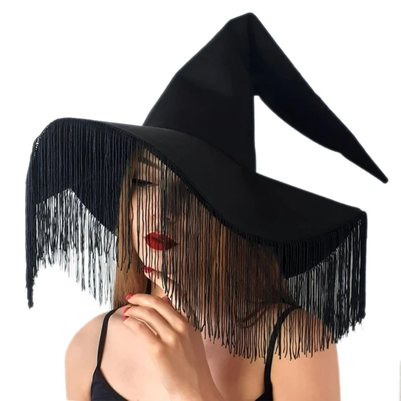 

Women Costume Witch Cap Pleated Wizard Hat Halloween Party Headwear Brimmed Hat Tassel/Lace Brim Hats Holiday Headdress 57BD