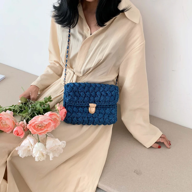 Fashion Cotton Woven Crossbody Bags for Women 2021 Crochet Hand-woven Messenger Bag   Chains Lock  Shoulder Bag Females