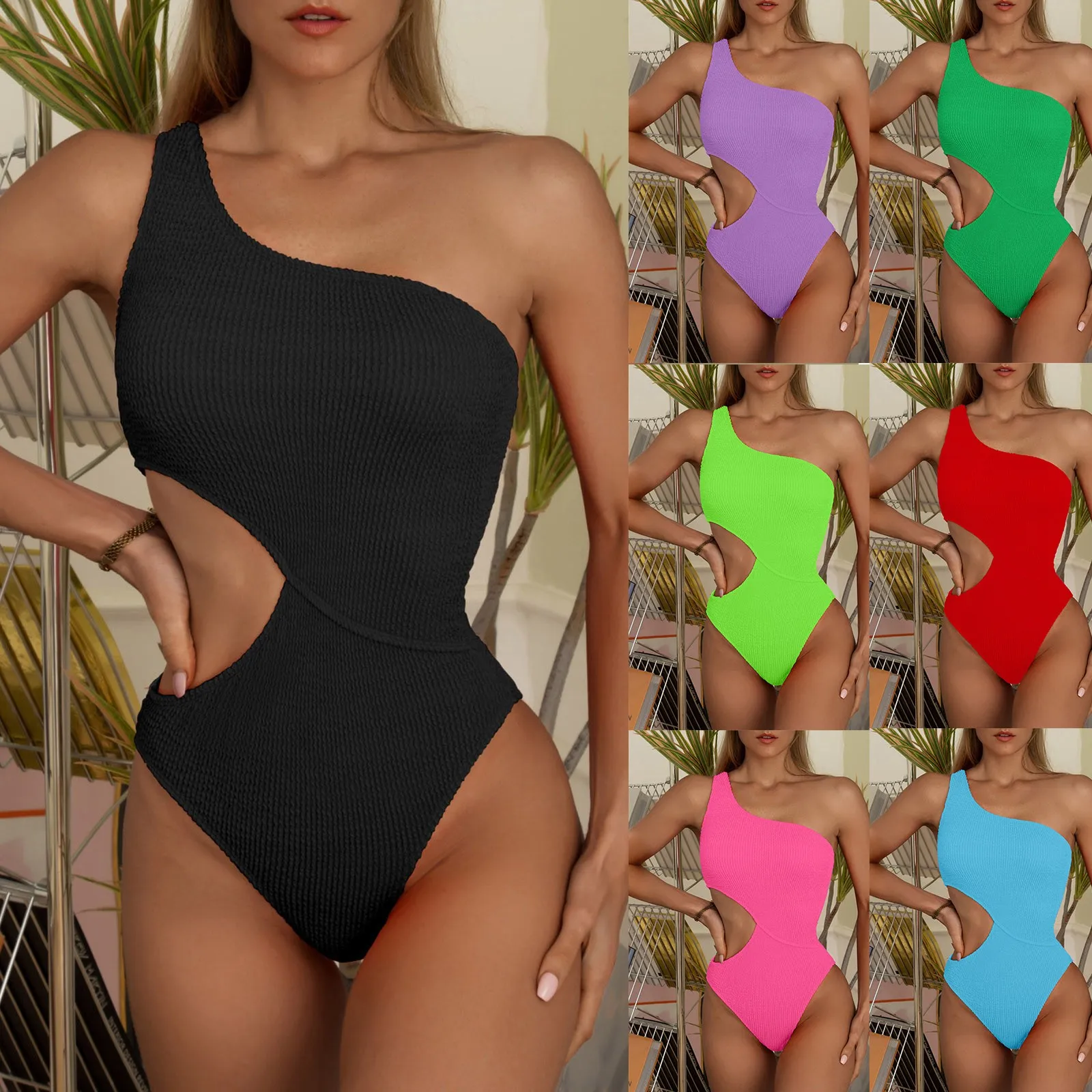 

Women Solid Color Ruffle Sexy One Shoulder Waist Cutout Bikini Swimsuit Bikini Woman Swimsuit