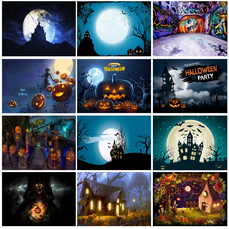 

Vinyl Halloween Backdrop Pumpkin Castle Forest Moon Tombstone Baby Photography Background For Photo Studio Props WS-05